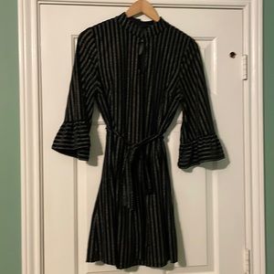 Long sleeve with piping detail black velvet texture dress